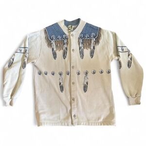 Vintage Art Unlimited Native American Style Button-Up Cardigan, Cream & Blue